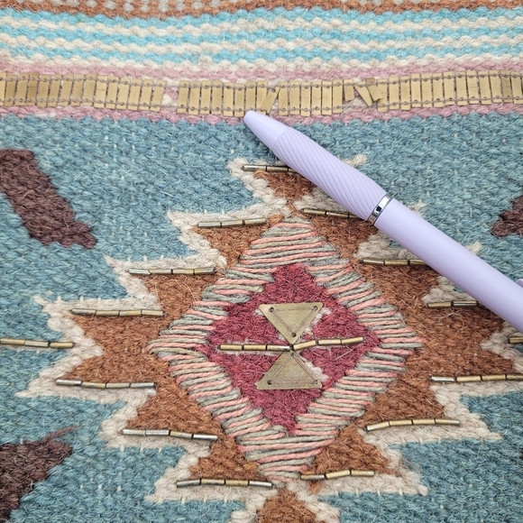 Catchfly Studio Aztec Rug Southwest Beaded Boho Aqua Brown Leather Crossbody Bag - Picture 3 of 12